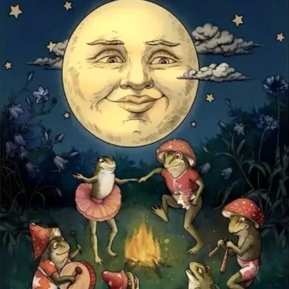 12x16 Anthropomorphic Full Moon Dancing Musician Frogs Around Fire Canvas Print - Picture 2 of 3